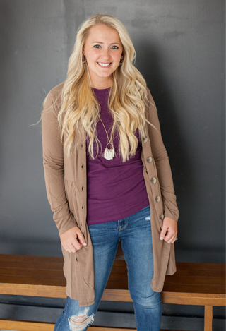 Alexia Buttoned Cardigan in mocha with purple tee and jeans