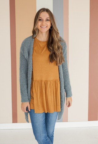 latte kacie top with titanium blue cardigan