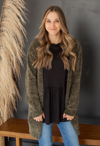 black kacie top with olive cardigan