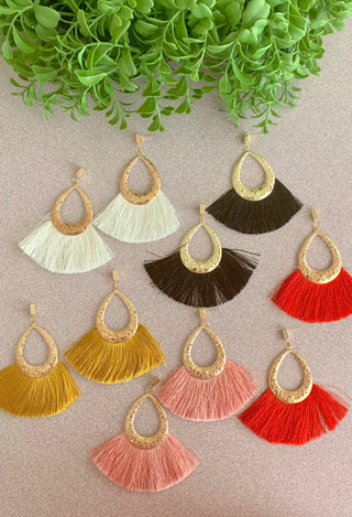 Tassel Fan Earrings in cream, gold, black, red and blush