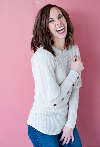 Pointelle Puff sleeve top Taupe with jeans