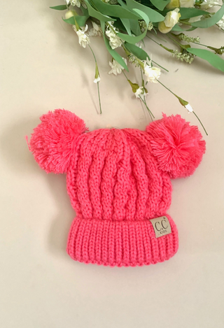 candy pink girl double pom beanie