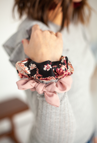 Luxe Scrunchies in floral and mauve