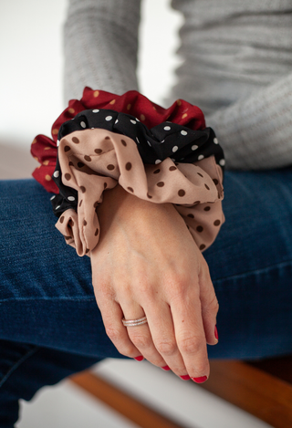 Luxe Scrunchies in red, black ,mauve