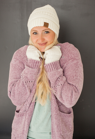 C.C. Beanie in ivory with pink cardigan