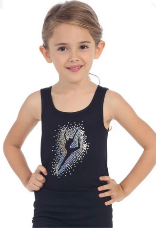 girls black dance tank top with sequin dancer on chest