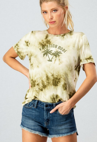 Vacation Mode tee in olive wiith shorts