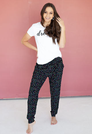 Confetti Joggers in black with dots and white tee