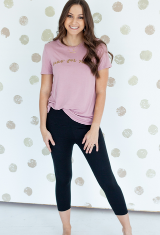 Ultra soft capri leggings in black with mauve tee