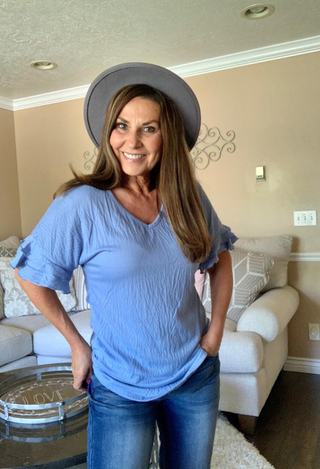 Girls Day out Top in dusty blue with hat and jeans