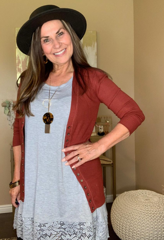 Angie Lace Tank in grey with brick sweater cardigan