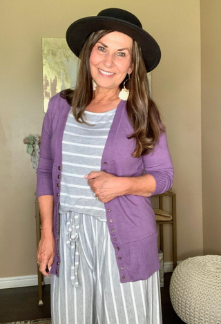 perfect sweater lilac grey and grey striped jumpsuit with black  hat