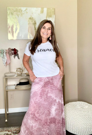 Feeling Fine Tie Dye Maxi skirt in blush with white tee