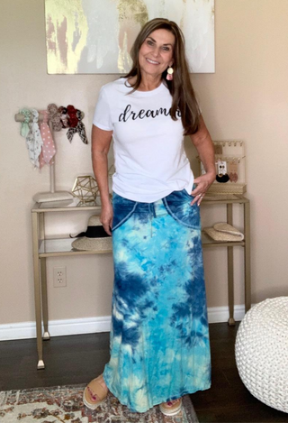 Feeling Fine Tie Dye Maxi in turquoise with white tee