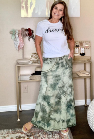 Feeling Fine Tie Dye Maxi skirt in sage with white tee