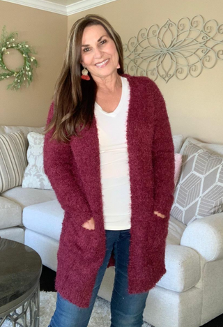 Manhattan Cardigan in wine with white top and jeans