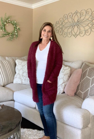 Manhattan Cardigan in wine with white top and jeans
