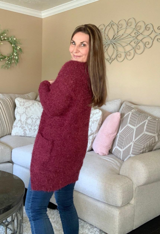 Manhattan Cardigan in wine back view