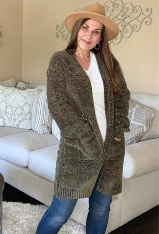 Olive cardigan -meet me in the park cardigan with white top and jeans with tan hat