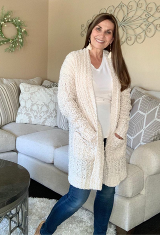 cream popcorn duster with jeans