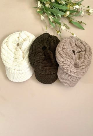 C.C. Bun/Pony Brim Hat in ivory, olive, beige