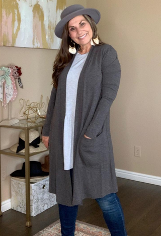 caraway duster cardigan in charcoal