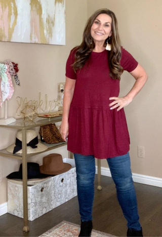 Kacie Ruffle Bottom Top in Burgundy