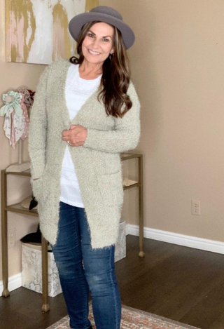 Manhattan Cardigan in moss with white tee and jeans