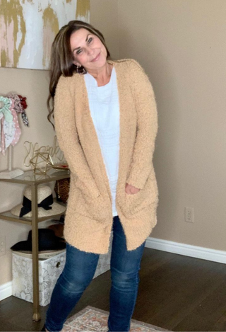 Manhattan Cardigan in camel with white tee and jeans