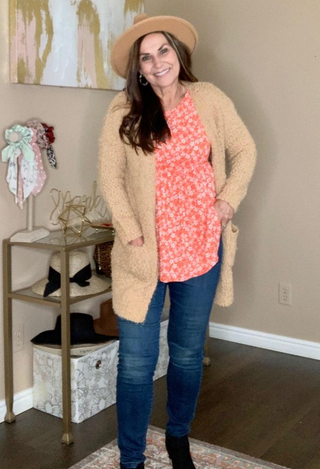 Daisy Babydoll in coral with fuzzy cardgan in jeans & hat