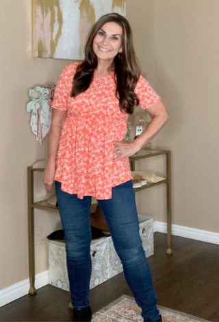 Daisy Babydoll in coral with dark jeans