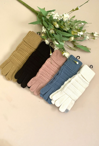 c.c. knitted touch screen gloves in beige, black, indi pink, denim and ivory