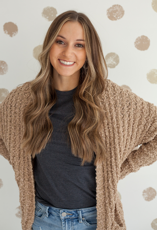 tan cardigan with charcoal tee