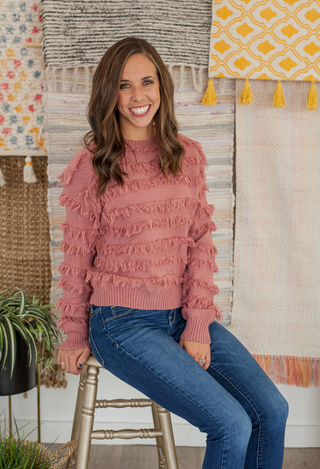 fringe sweater top in mauve