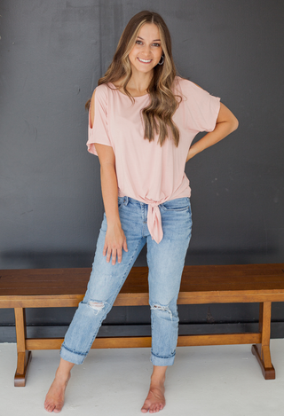 pink cold shoulder tie top with jeans