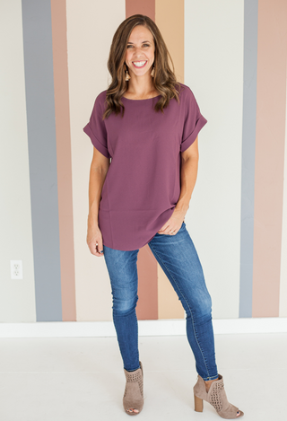 Karissa Rolled Sleeve Top in eggplant