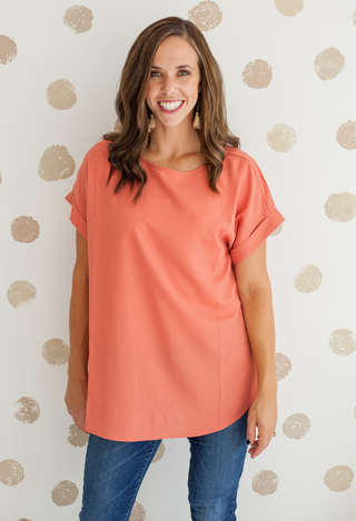 Karissa Rolled Sleeve Top in copper coral