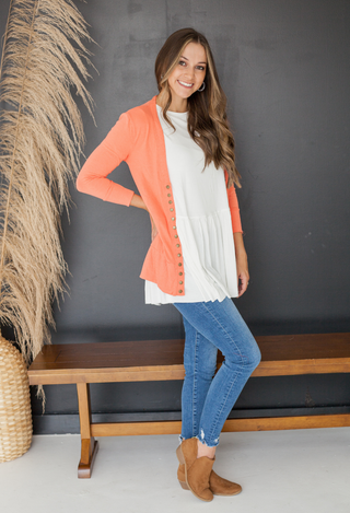 perfect sweater coral with white top and jeans