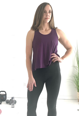 Dream Fit Open Back Top in purple with black leggings