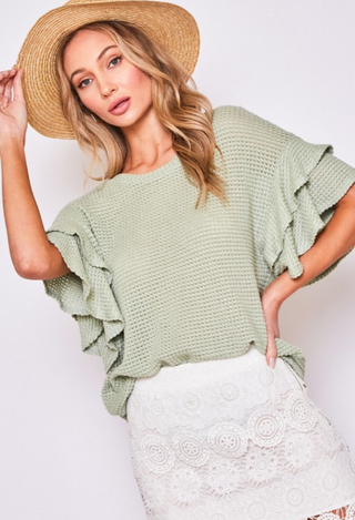 sage Desiree Ruffle Sleeve Waffle Top