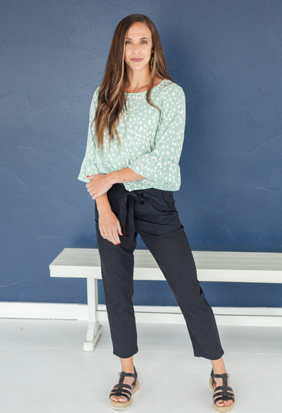 Geo dressy blouse sage with classic chic pants