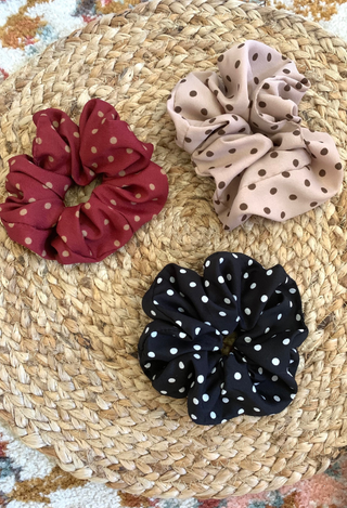 red, mauve, black scrunchies