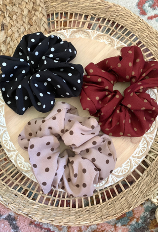 Luxe scrunchies in black dot, mauve dot and burgundy dot