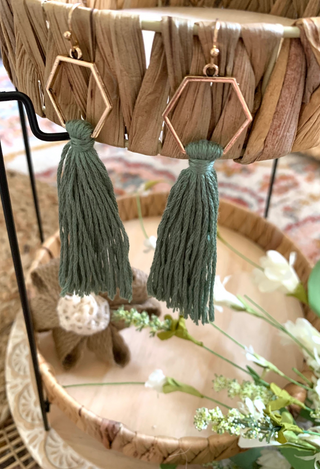 Geometric Tassel Earrings iin sage