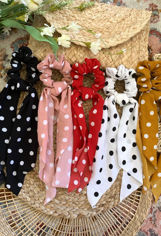 dot haiir scarfs, black, pink, red, white, mustard