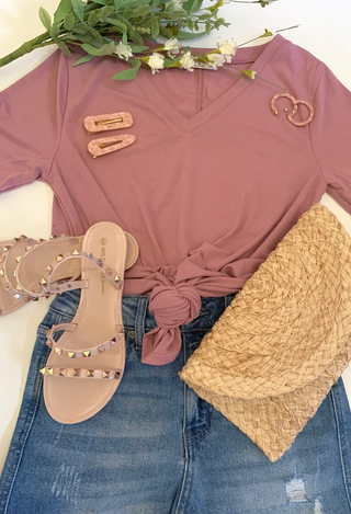V Neck Flowy Tee in Rose  Flatlay with denim and accessories