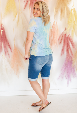 Tie Dye Blues top with denim shorts