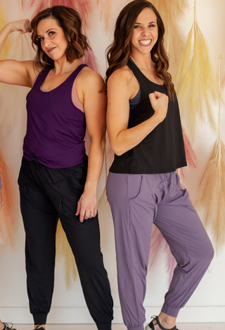 Dream Yoga Pants in black & purple with tank tie top