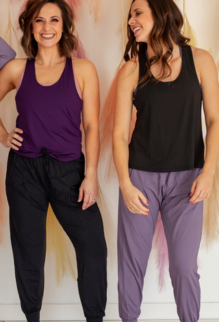 Dream Fit Open Back Top iin purple and black with black and purple yoga joggers