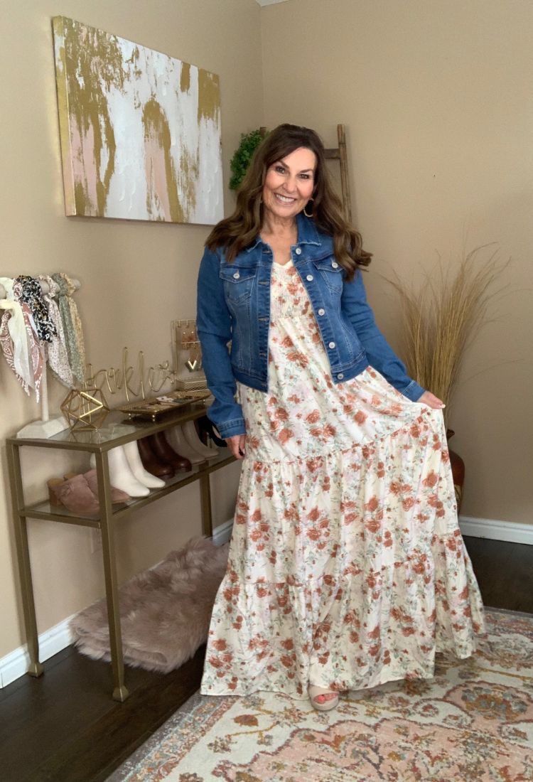 red maxi dress with denim jacket 15 Perfect Looks: How to Wear a Denim Jacket with a Dress